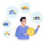 Credit score flat background with male character holding coin surrounded by round compositions of financial icons vector illustration SSUCv3H4sIAAAAAAACA01Ry2rDMBD8lWXPpmnpzceWtFAomPYYelhLa3uJLAVJdhqC/72rOCG97WM0Mzs6Y0tJDNZnFOemlCNlCR7rpwrZSg5RyGH9uFSYMuUpcVKsdoYy97q99DeS3bnMscaXKYnnlDZv4skbRn0+tbpY+8K5VDdww+Hg7pBP9rj8VEg9e3MqaioX2TFdxHe62h8zx/HqZBbLYS1pslJKnIMhp/vn4lSvCmOZ9pEOg5goM8fSW05GC3yN5VRIJkSGzlGGlsy+j2HyFo6SBxjJMZiBIhlVhiE4K74HE8RDmuIFyRbaE6yPTBgPIUmJMkHooLudDWLKaGaj0cL/yB9gqyaoVaFt8w2kLF+srIry8NG8QxfiqHlVmH9Lalhd41u50say+leqmTd3+0lhYa/fuSzLH3XISD7sAQAA